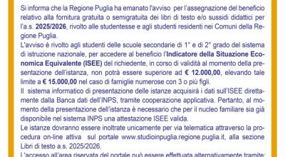  AVVISO   PER L’ASSEGNAZIONE DEL BENEFICIO RELATIVO ALLA FORNITURA GRATUITA...