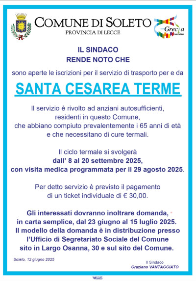 iscrizioni per il servizio di trasporto per e da SANTA CESAREA TERME