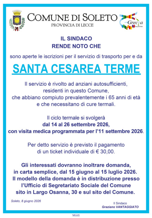 iscrizioni per il servizio di trasporto per e da  SANTA CESAREA TERME