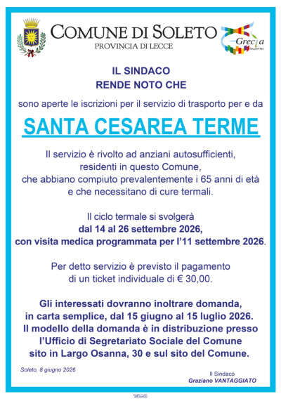 iscrizioni per il servizio di trasporto per e da SANTA CESAREA TERME