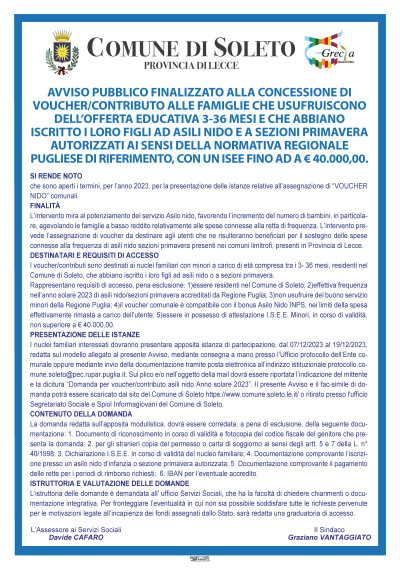 AVVISO PUBBLICO FINALIZZATO ALLA CONCESSIONE DI VOUCHER/CONTRIBUTO ALLE FAMIG...