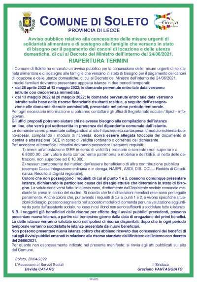 RIAPERTURA TERMINI Avviso pubblico relativo alla concessione delle misure urg...