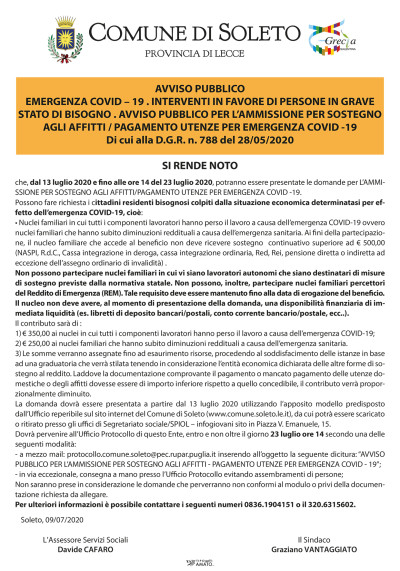 EMERGENZA COVID – 19 . INTERVENTI IN FAVORE DI PERSONE IN GRAVE STATO D...