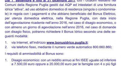 BONUS IDRICO PER LE UTENZE DEBOLI 2017