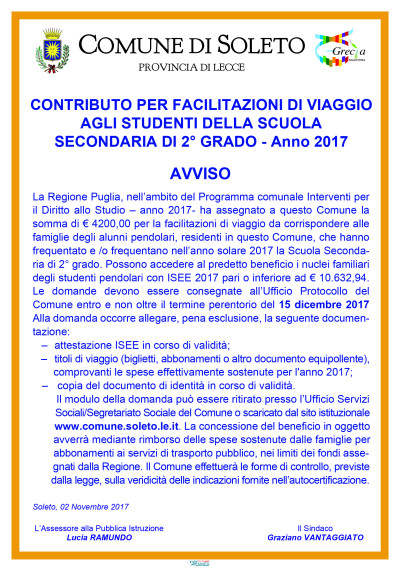 CONTRIBUTO PER FACILITAZIONI DI VIAGGIO AGLI STUDENTI DELLA SCUOLA SECONDARIA...