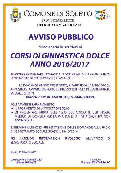 CORSI DI GINNASTICA DOLCE - ANNO 2016/2017