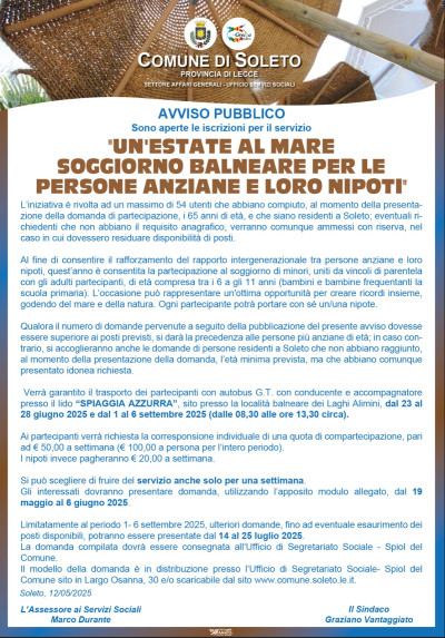 UN’ESTATE AL MARE – SOGGIORNO BALNEARE PER LE PERSONE ANZIANE E L...