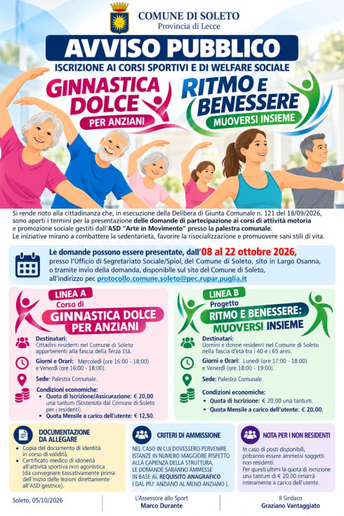 ISCRIZIONE AI CORSI SPORTIVI E DI WELFARE SOCIALE: GINNASTICA DOLCE PER...