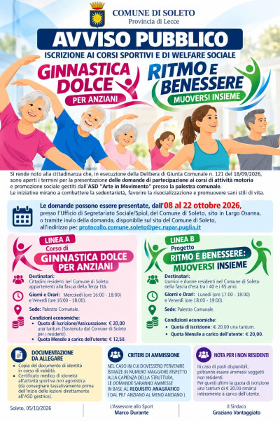 ISCRIZIONE AI CORSI SPORTIVI E DI WELFARE SOCIALE: GINNASTICA DOLCE PER...