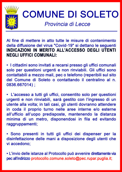 Emergenza Coronavirus: modalità di accesso agli uffici comunali