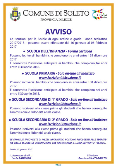 ISCRIZIONI SCUOLE DI OGNI ORDINE E GRADO - ANNO SCOLASTICO 2017/2018