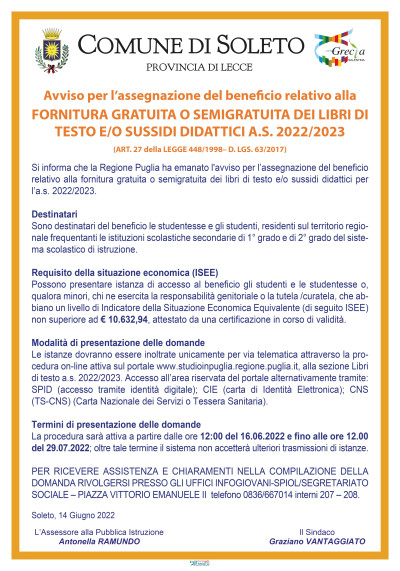 AVVISO PER L’ASSEGNAZIONE DEL BENEFICIO RELATIVO ALLA FORNITURA GRATUIT...