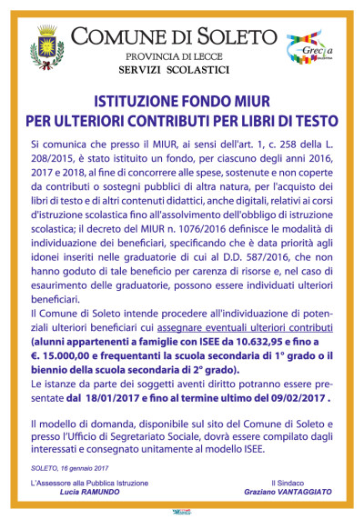 ISTITUZIONE FONDO MIUR PER ULTERIORI CONTRIBUTI PER LIBRI DI TESTO