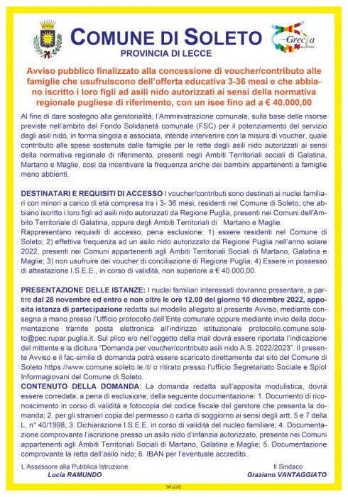 Avviso pubblico finalizzato alla concessione di voucher/contributo alle famig...