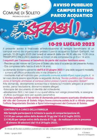 Campus estivo presso parco acquatico Splash di Gallipoli dal 10 al 29 luglio