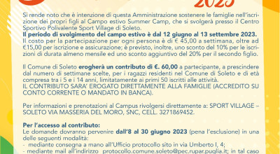 Iscrizioni per l’adesione al progetto “SUMMER CAMP 2023”