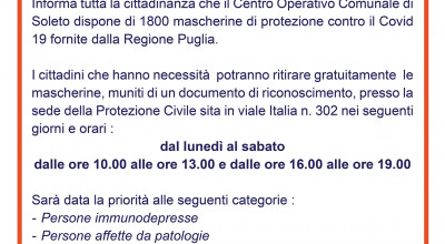 Disponibilità di 1800 mascherine fornite dalla Regione Puglia