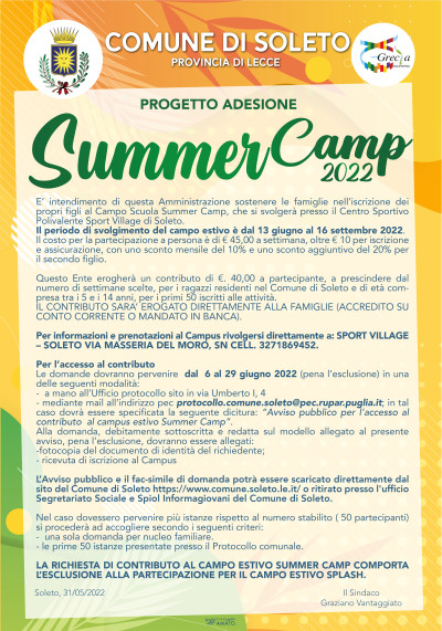 ADESIONE PROGETTO “SUMMER CAMP 2022