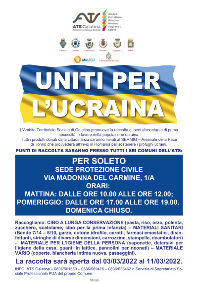 UNITI PER L'UCRAINA - RACCOLTA BENI DI PRIMA NECESSITA' 