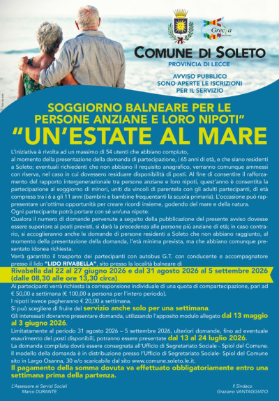 AVVISO PUBBLICO per il servizio &ldquo;UN&rsquo;ESTATE AL MARE &ndash; SOGGIO...