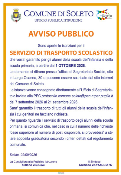 SERVIZIO DI TRASPORTO SCOLASTICO A.S. 2026/2027
