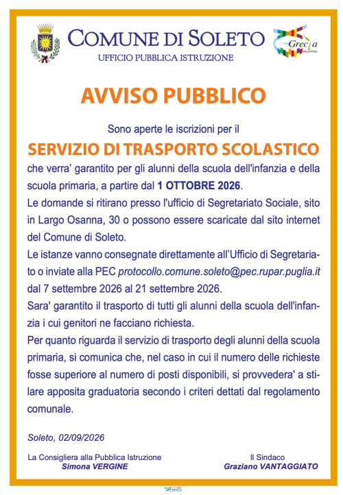 SERVIZIO DI TRASPORTO SCOLASTICO A.S. 2026/2027