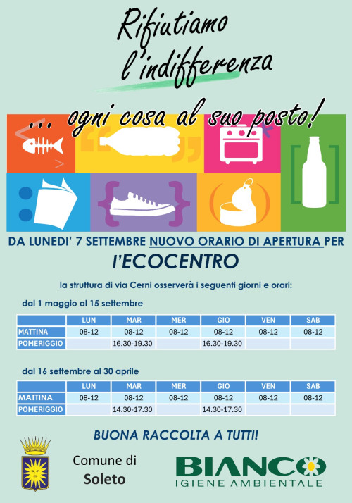 NUOVO ORARIO DI APERTURA DELL&rsquo;ECOCENTRO COMUNALE
