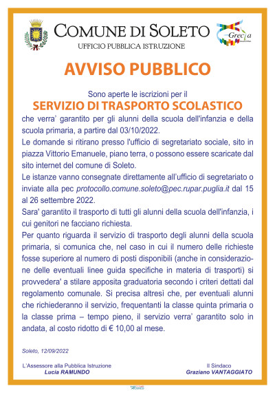 Servizio di trasporto scolastico a.s. 2022/2023 per scuola dell'infanzia e pr...