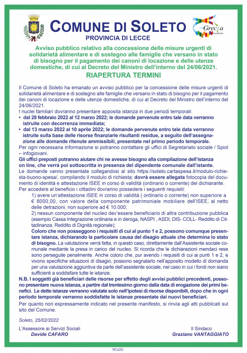 Riapertura termini avviso concessione contributi di cui al Decreto del Minis...