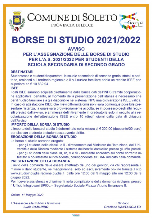 BORSE DI STUDIO 2021/2022  : AVVISO PER L’ASSEGNAZIONE DELLE BORSE DI S...