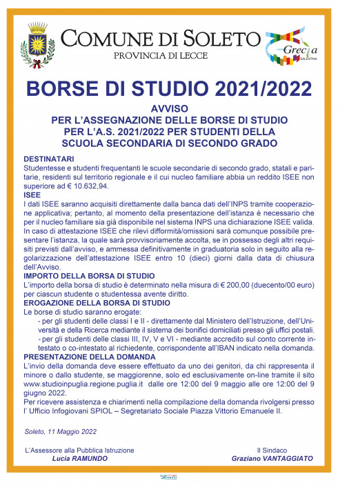 BORSE DI STUDIO 2021/2022 : AVVISO PER L’ASSEGNAZIONE DELLE BORSE DI S...