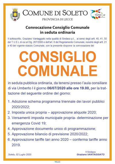 Consiglio Comunale in seduta ordinaria per il giorno 06.07.2020 alle ore 19