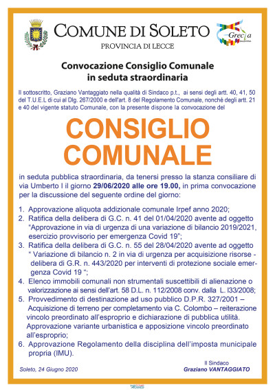 Consiglio Comunale in seduta straordinaria per il giorno 29.06.2020 ore 19