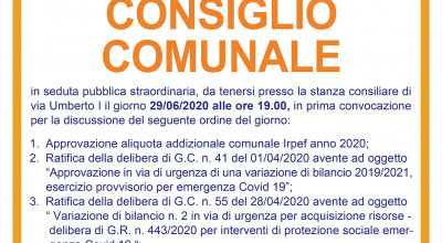 Consiglio Comunale in seduta straordinaria per il giorno 29.06.2020 ore 19