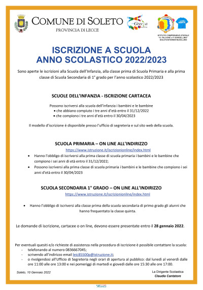 Iscrizioni anno scolastico 2022/2023