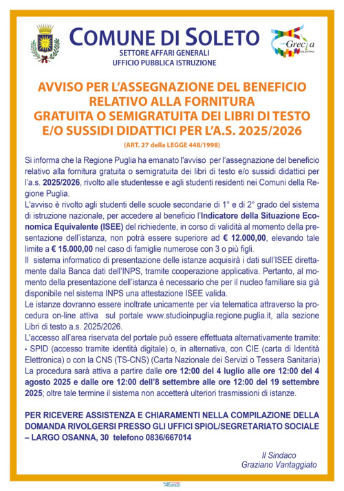  AVVISO   PER L’ASSEGNAZIONE DEL BENEFICIO RELATIVO ALLA FORNITURA GRAT...