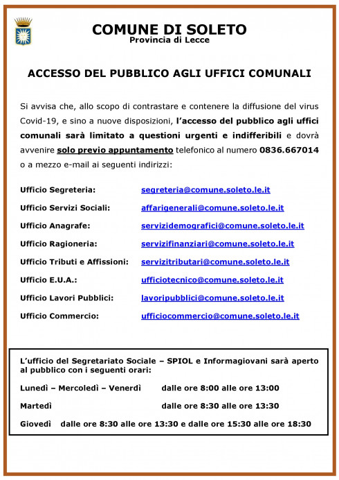 ACCESSO DEL PUBBLICO AGLI UFFICI COMUNALI