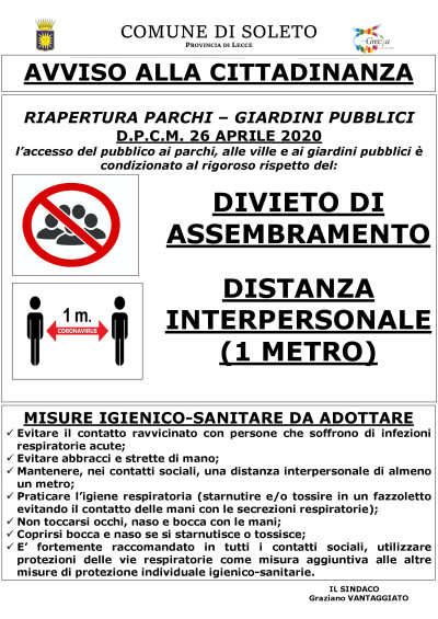 EMERGENZA COVID-19. RIAPERTURA PARCHI E GIARDINI PUBBLICI