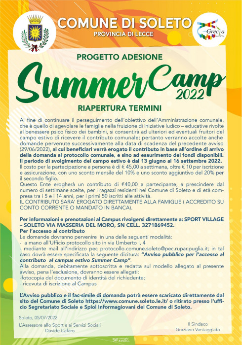 RIAPERTURA TERMINI CONTRIBUTO SUMMER CAMP