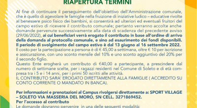 RIAPERTURA TERMINI CONTRIBUTO SUMMER CAMP