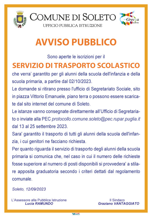 Servizio trasporto scolastico - Apertura iscrizioni