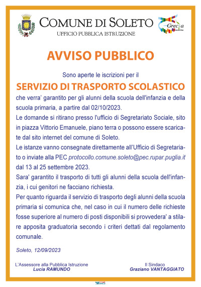 Servizio trasporto scolastico - Apertura iscrizioni